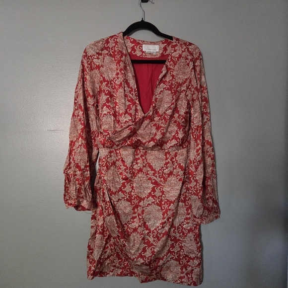 Anthropologie Skylar Floral Red Silk Blend Boho Faux Wrap Mini Dress. 8 - Picture 3 of 10